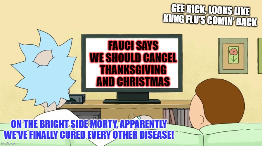 Rick and Morty: Inter-dimensional Cable | GEE RICK, LOOKS LIKE KUNG FLU'S COMIN' BACK; FAUCI SAYS WE SHOULD CANCEL THANKSGIVING AND CHRISTMAS; ON THE BRIGHT SIDE MORTY, APPARENTLY WE'VE FINALLY CURED EVERY OTHER DISEASE! | image tagged in rick and morty inter-dimensional cable | made w/ Imgflip meme maker