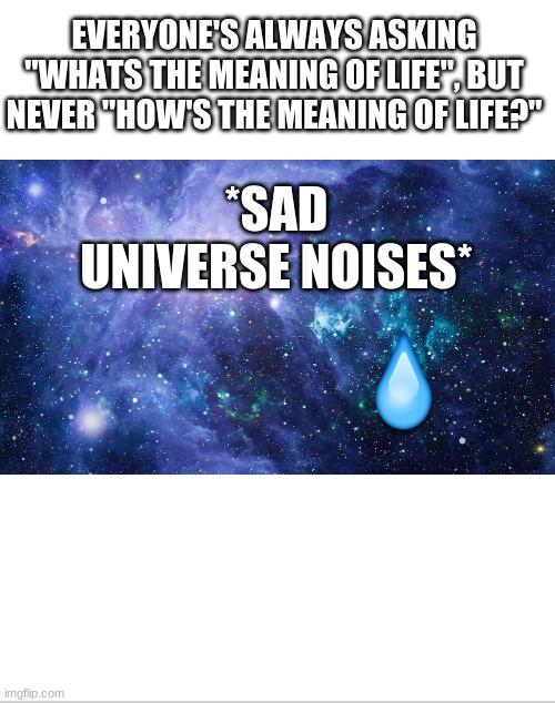 I the meaning of life has feelings too |  EVERYONE'S ALWAYS ASKING "WHATS THE MEANING OF LIFE", BUT NEVER "HOW'S THE MEANING OF LIFE?"; *SAD UNIVERSE NOISES* | image tagged in funny,lmao,fun,universe,lol,too funny | made w/ Imgflip meme maker