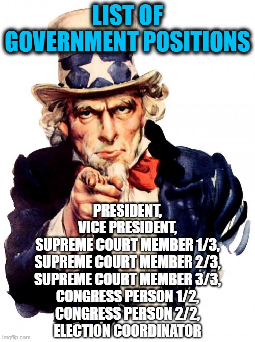 The positions up for election in our government. Uncle Sam wants you to run! | LIST OF GOVERNMENT POSITIONS; PRESIDENT,
VICE PRESIDENT,
SUPREME COURT MEMBER 1/3,
SUPREME COURT MEMBER 2/3,
SUPREME COURT MEMBER 3/3,
CONGRESS PERSON 1/2,
CONGRESS PERSON 2/2,
ELECTION COORDINATOR | image tagged in memes,uncle sam,government,voting,elections,meme stream | made w/ Imgflip meme maker