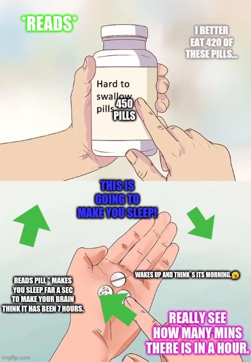 talk about math tho..? | *READS*; I BETTER EAT 420 OF THESE PILLS... 450 PILLS; THIS IS GOING TO MAKE YOU SLEEP! WAKES UP AND THINK`S ITS MORNING.🥱; READS PILL " MAKES YOU SLEEP FAR A SEC TO MAKE YOUR BRAIN THINK IT HAS BEEN 7 HOURS. REALLY SEE HOW MANY MINS THERE IS IN A HOUR. | image tagged in memes,hard to swallow pills | made w/ Imgflip meme maker