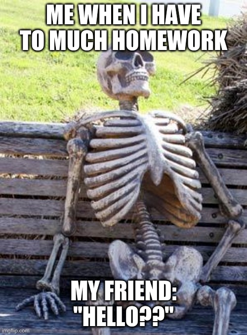Waiting Skeleton | ME WHEN I HAVE TO MUCH HOMEWORK; MY FRIEND: "HELLO??" | image tagged in memes,waiting skeleton | made w/ Imgflip meme maker
