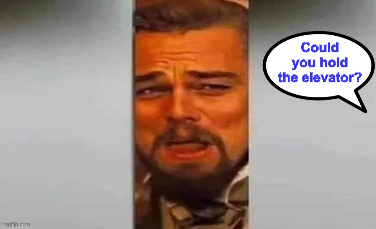 You know who you are. | Could you hold the elevator? | image tagged in leonardo dicaprio django laugh,elevator,memes,funny | made w/ Imgflip meme maker