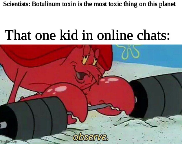 Observe | Scientists: Botulinum toxin is the most toxic thing on this planet; That one kid in online chats: | image tagged in observe,toxic,kid,funny,memes,gaming | made w/ Imgflip meme maker