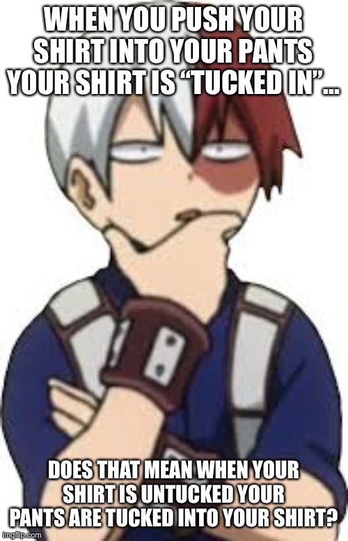 WHEN YOU PUSH YOUR SHIRT INTO YOUR PANTS YOUR SHIRT IS “TUCKED IN”... DOES THAT MEAN WHEN YOUR SHIRT IS UNTUCKED YOUR PANTS ARE TUCKED INTO YOUR SHIRT? | image tagged in todoroki,memes,big brain | made w/ Imgflip meme maker