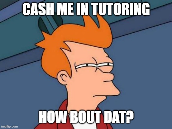 cash me in tutoring | CASH ME IN TUTORING; HOW BOUT DAT? | image tagged in memes,futurama fry,tutoring,middle school,school | made w/ Imgflip meme maker
