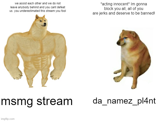 well this is what i can think of | we assist each other and we do not leave anybody behind and you cant defeat us. you underestimated this stream you fool; *acting innocent* Im gonna block you all, all of you are jerks and deserve to be banned! msmg stream; da_namez_pl4nt | image tagged in memes,buff doge vs cheems | made w/ Imgflip meme maker