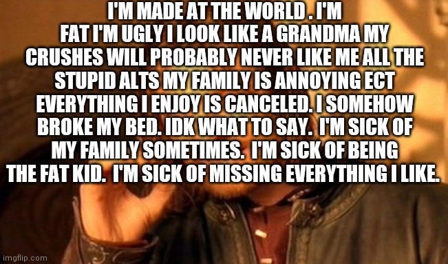 One Does Not Simply | I'M MADE AT THE WORLD . I'M FAT I'M UGLY I LOOK LIKE A GRANDMA MY CRUSHES WILL PROBABLY NEVER LIKE ME ALL THE STUPID ALTS MY FAMILY IS ANNOYING ECT EVERYTHING I ENJOY IS CANCELED. I SOMEHOW BROKE MY BED. IDK WHAT TO SAY.  I'M SICK OF MY FAMILY SOMETIMES.  I'M SICK OF BEING THE FAT KID.  I'M SICK OF MISSING EVERYTHING I LIKE. | image tagged in memes,one does not simply | made w/ Imgflip meme maker