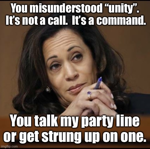 Kamala Harris  | You misunderstood “unity”.  It’s not a call.  It’s a command. You talk my party line or get strung up on one. | image tagged in kamala harris | made w/ Imgflip meme maker