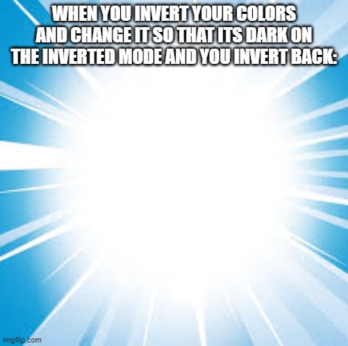 MEH EYES | WHEN YOU INVERT YOUR COLORS AND CHANGE IT SO THAT ITS DARK ON THE INVERTED MODE AND YOU INVERT BACK: | made w/ Imgflip meme maker
