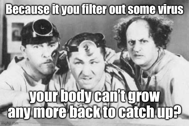 Doctor Stooges | Because it you filter out some virus your body can’t grow any more back to catch up? | image tagged in doctor stooges | made w/ Imgflip meme maker
