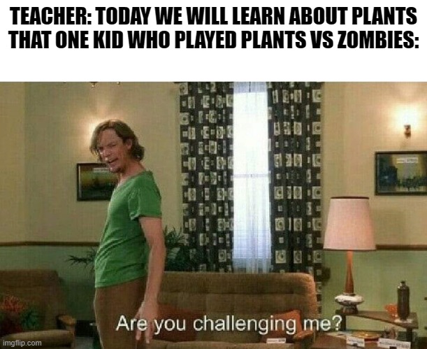 pvz is awesome | TEACHER: TODAY WE WILL LEARN ABOUT PLANTS
THAT ONE KID WHO PLAYED PLANTS VS ZOMBIES: | image tagged in are you challenging me | made w/ Imgflip meme maker
