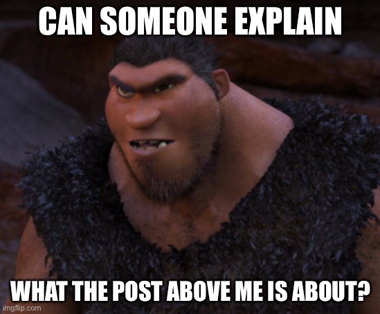 Grug Crood | CAN SOMEONE EXPLAIN; WHAT THE POST ABOVE ME IS ABOUT? | image tagged in grug crood | made w/ Imgflip meme maker