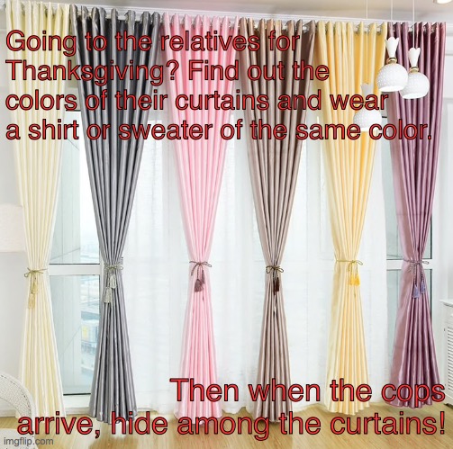 COVID Thanksgiving | Going to the relatives for Thanksgiving? Find out the colors of their curtains and wear a shirt or sweater of the same color. Then when the cops arrive, hide among the curtains! | image tagged in thanksgiving | made w/ Imgflip meme maker