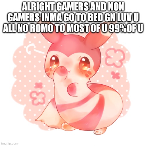 Ferret pokemon | ALRIGHT GAMERS AND NON GAMERS INMA GO TO BED GN LUV U ALL NO ROMO TO MOST OF U 99%OF U | image tagged in ferret pokemon | made w/ Imgflip meme maker