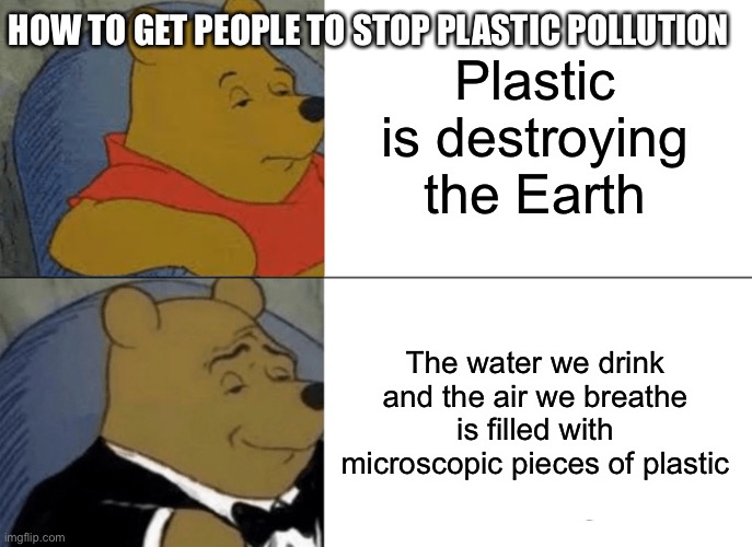 Tuxedo Winnie The Pooh | HOW TO GET PEOPLE TO STOP PLASTIC POLLUTION; Plastic is destroying the Earth; The water we drink and the air we breathe is filled with microscopic pieces of plastic | image tagged in memes,tuxedo winnie the pooh | made w/ Imgflip meme maker