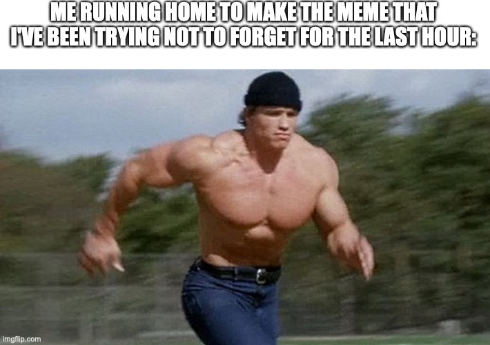 When I get a meme idea | ME RUNNING HOME TO MAKE THE MEME THAT I'VE BEEN TRYING NOT TO FORGET FOR THE LAST HOUR: | image tagged in running arnold,memes,meme,memer,memers | made w/ Imgflip meme maker