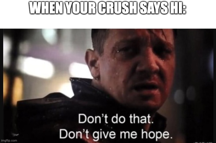 When your crush says hi | WHEN YOUR CRUSH SAYS HI: | image tagged in hawkeye ''don't give me hope'',crush,meme,rejection,hope | made w/ Imgflip meme maker