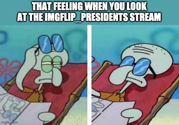 It just gives out the "It's a big problem but it ain't mine" vibe | THAT FEELING WHEN YOU LOOK AT THE IMGFLIP_PRESIDENTS STREAM | image tagged in squidward don't care | made w/ Imgflip meme maker