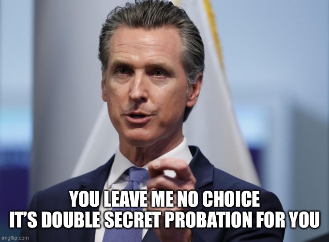 Gavin Newsom Shelter in Place Order | YOU LEAVE ME NO CHOICE
IT’S DOUBLE SECRET PROBATION FOR YOU | image tagged in gavin newsom shelter in place order | made w/ Imgflip meme maker