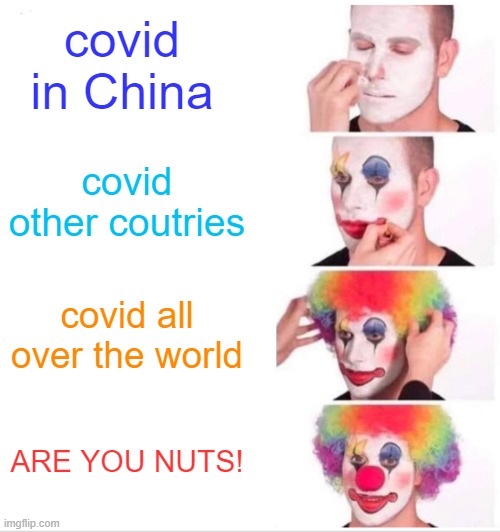 corona virus | covid in China; covid other coutries; covid all over the world; ARE YOU NUTS! | image tagged in memes,clown applying makeup | made w/ Imgflip meme maker