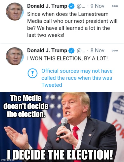 I decide the election. | The Media doesn't decide the election. I DECIDE THE ELECTION! | image tagged in donald trump,election | made w/ Imgflip meme maker