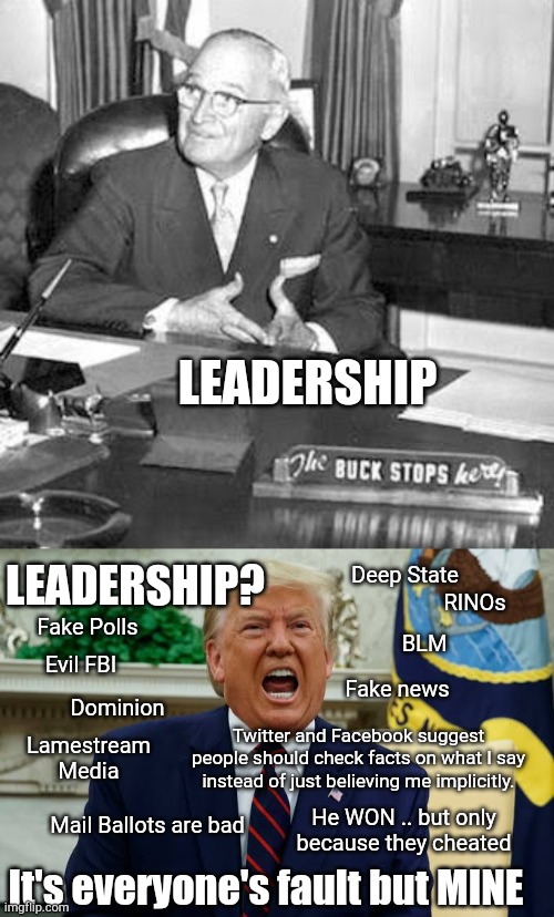 Leadership | LEADERSHIP; Deep State; LEADERSHIP? RINOs; BLM; Fake Polls; Evil FBI; Fake news; Dominion; Twitter and Facebook suggest people should check facts on what I say instead of just believing me implicitly. Lamestream Media; Mail Ballots are bad; He WON .. but only because they cheated; It's everyone's fault but MINE | image tagged in not my fault,everyone's fault but mine,donald trump,excuses,i don't accept losing | made w/ Imgflip meme maker