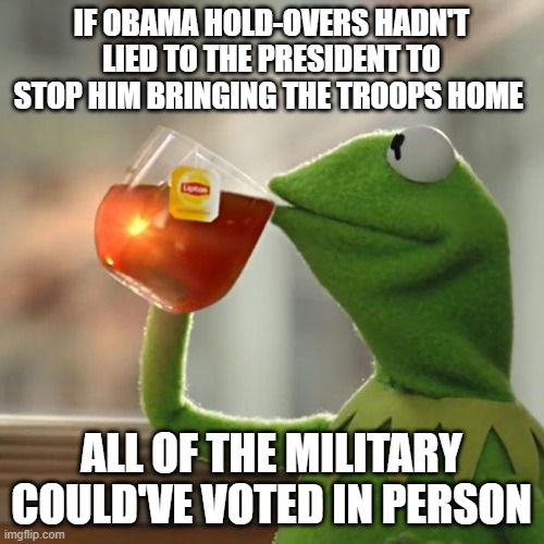 But That's None Of My Business Meme | IF OBAMA HOLD-OVERS HADN'T LIED TO THE PRESIDENT TO STOP HIM BRINGING THE TROOPS HOME ALL OF THE MILITARY COULD'VE VOTED IN PERSON | image tagged in memes,but that's none of my business,kermit the frog | made w/ Imgflip meme maker