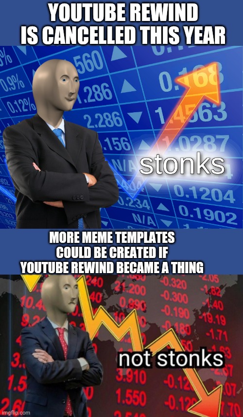 The realisation I had when YouTube rewind was cancelled | YOUTUBE REWIND IS CANCELLED THIS YEAR; MORE MEME TEMPLATES COULD BE CREATED IF YOUTUBE REWIND BECAME A THING | image tagged in stonks | made w/ Imgflip meme maker