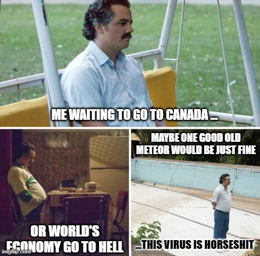 Me waiting to go to Canada | ME WAITING TO GO TO CANADA ... MAYBE ONE GOOD OLD METEOR WOULD BE JUST FINE; OR WORLD'S ECONOMY GO TO HELL; ...THIS VIRUS IS HORSESHIT | image tagged in memes,sad pablo escobar | made w/ Imgflip meme maker