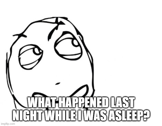 ? | WHAT HAPPENED LAST NIGHT WHILE I WAS ASLEEP? | image tagged in hmmm | made w/ Imgflip meme maker