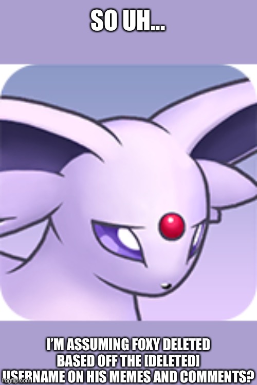 ... | SO UH... I’M ASSUMING FOXY DELETED BASED OFF THE [DELETED] USERNAME ON HIS MEMES AND COMMENTS? | image tagged in yes im captain obvious now | made w/ Imgflip meme maker