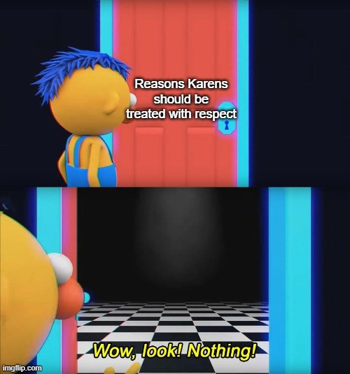 Wow look nothing! | Reasons Karens should be treated with respect | image tagged in wow look nothing | made w/ Imgflip meme maker