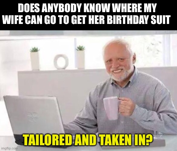 Birthday suit | DOES ANYBODY KNOW WHERE MY WIFE CAN GO TO GET HER BIRTHDAY SUIT; TAILORED AND TAKEN IN? | image tagged in harold | made w/ Imgflip meme maker