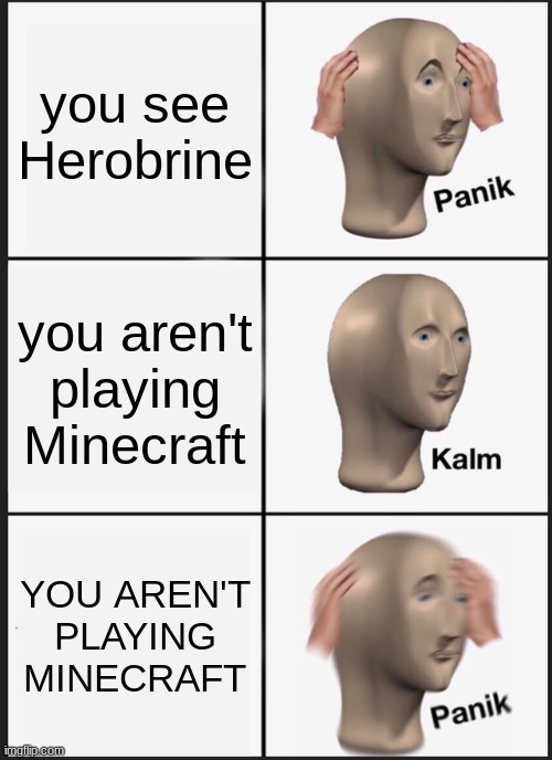 Panik Kalm Panik | you see Herobrine; you aren't playing Minecraft; YOU AREN'T PLAYING MINECRAFT | image tagged in memes,panik kalm panik | made w/ Imgflip meme maker