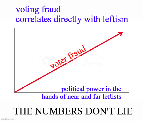 voter fraud corelates with leftism | voting fraud 
correlates directly with leftism; voter fraud; political power in the hands of near and far leftists; THE NUMBERS DON'T LIE | image tagged in politics | made w/ Imgflip meme maker