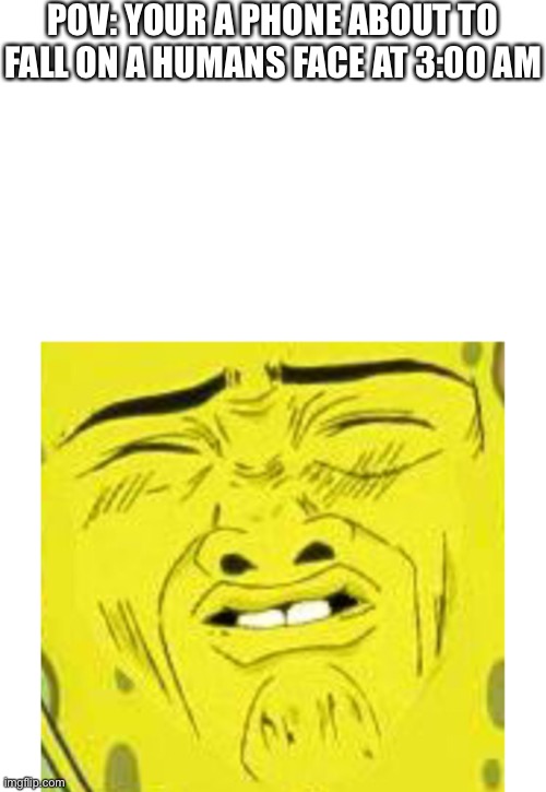 POV: YOUR A PHONE ABOUT TO FALL ON A HUMANS FACE AT 3:00 AM | image tagged in sponge bob | made w/ Imgflip meme maker