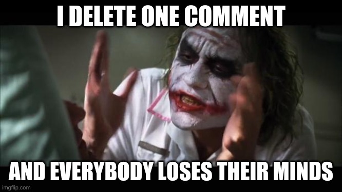 And everybody loses their minds Meme | I DELETE ONE COMMENT AND EVERYBODY LOSES THEIR MINDS | image tagged in memes,and everybody loses their minds | made w/ Imgflip meme maker