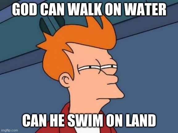 Can god swim on land | GOD CAN WALK ON WATER; CAN HE SWIM ON LAND | image tagged in memes,futurama fry | made w/ Imgflip meme maker