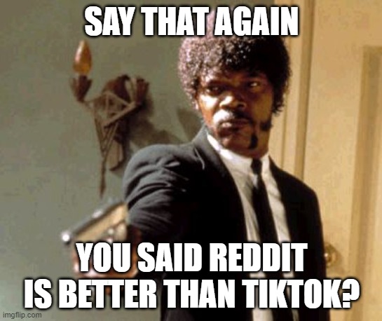 idk bout this just found everyone talking bout this kinda stuff | SAY THAT AGAIN; YOU SAID REDDIT IS BETTER THAN TIKTOK? | image tagged in memes,say that again i dare you | made w/ Imgflip meme maker