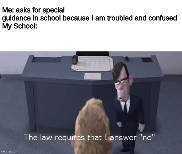 The law requires I answer “no” | Me: asks for special guidance in school because I am troubled and confused
My School: | image tagged in the law requires i answer no | made w/ Imgflip meme maker