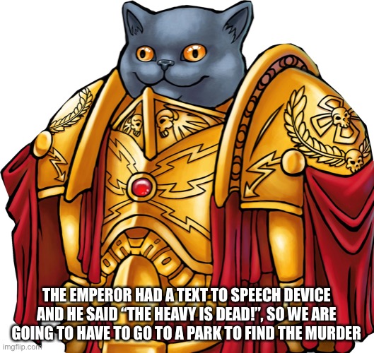 Predictive text used | THE EMPEROR HAD A TEXT TO SPEECH DEVICE AND HE SAID “THE HEAVY IS DEAD!”, SO WE ARE GOING TO HAVE TO GO TO A PARK TO FIND THE MURDER | image tagged in kitten the captain general | made w/ Imgflip meme maker
