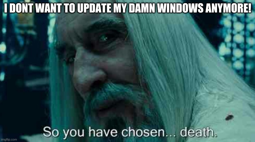 So you have chosen death | I DONT WANT TO UPDATE MY DAMN WINDOWS ANYMORE! | image tagged in so you have chosen death | made w/ Imgflip meme maker