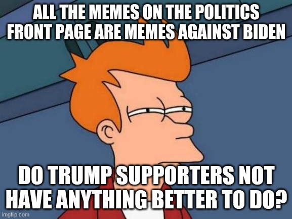 oMg biDan Es sO sTeWpEd | ALL THE MEMES ON THE POLITICS FRONT PAGE ARE MEMES AGAINST BIDEN; DO TRUMP SUPPORTERS NOT HAVE ANYTHING BETTER TO DO? | image tagged in memes,futurama fry | made w/ Imgflip meme maker
