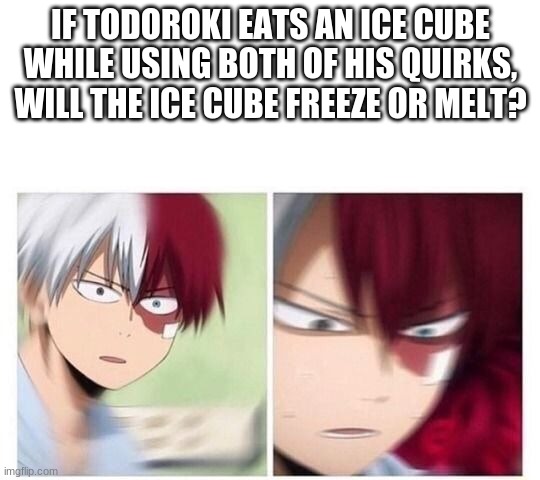 Questions science can't answer | IF TODOROKI EATS AN ICE CUBE WHILE USING BOTH OF HIS QUIRKS, WILL THE ICE CUBE FREEZE OR MELT? | image tagged in todoroki | made w/ Imgflip meme maker