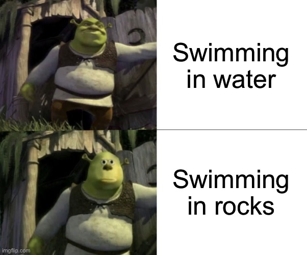 Shocked Shrek Face Swap | Swimming in water Swimming in rocks | image tagged in shocked shrek face swap | made w/ Imgflip meme maker