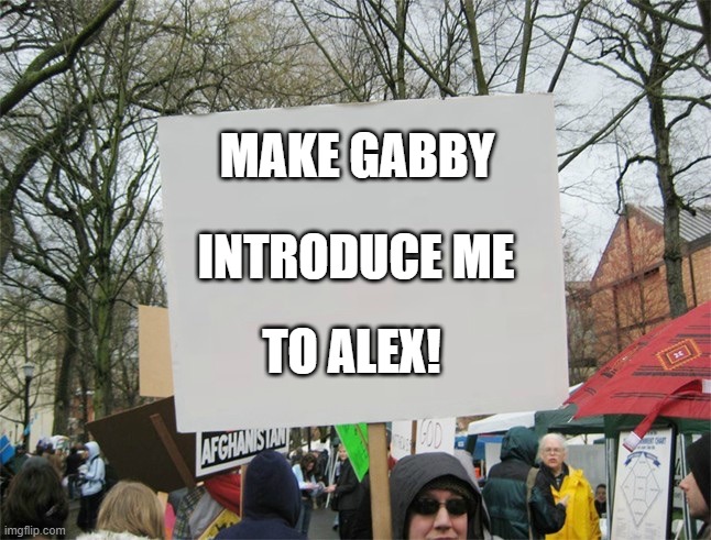 Protest | MAKE GABBY; INTRODUCE ME; TO ALEX! | image tagged in blank protest sign | made w/ Imgflip meme maker