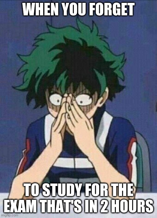 Oh no | WHEN YOU FORGET; TO STUDY FOR THE EXAM THAT'S IN 2 HOURS | image tagged in izuku | made w/ Imgflip meme maker