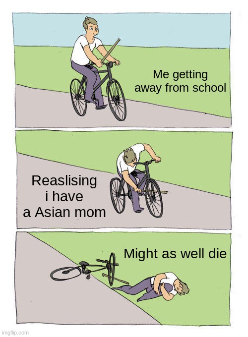 Bike Fall Meme | Me getting away from school; Reaslising i have a Asian mom; Might as well die | image tagged in memes,bike fall | made w/ Imgflip meme maker