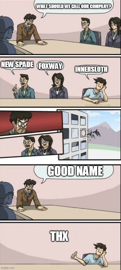 Boardroom Meeting Sugg 2 | WHAT SHOULD WE CALL OUR COMPANY? NEW SPADE; FOXWAY; INNERSLOTH; GOOD NAME; THX | image tagged in boardroom meeting sugg 2 | made w/ Imgflip meme maker