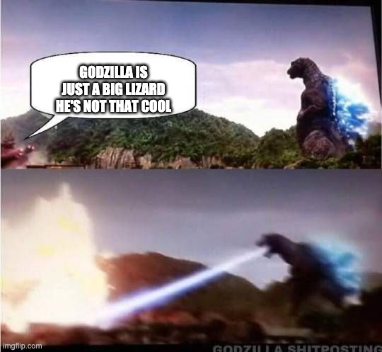 Godzilla Hates X | GODZILLA IS JUST A BIG LIZARD HE'S NOT THAT COOL | image tagged in godzilla hates x | made w/ Imgflip meme maker